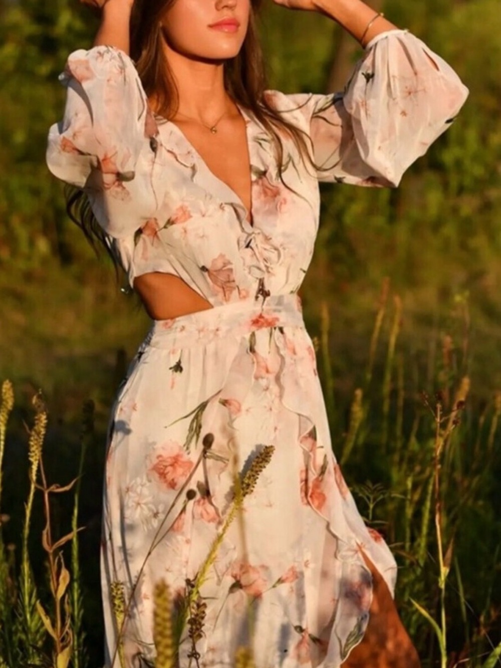 Zara XL Floral Cutout Maxi Dress in Soft Cream and Blush